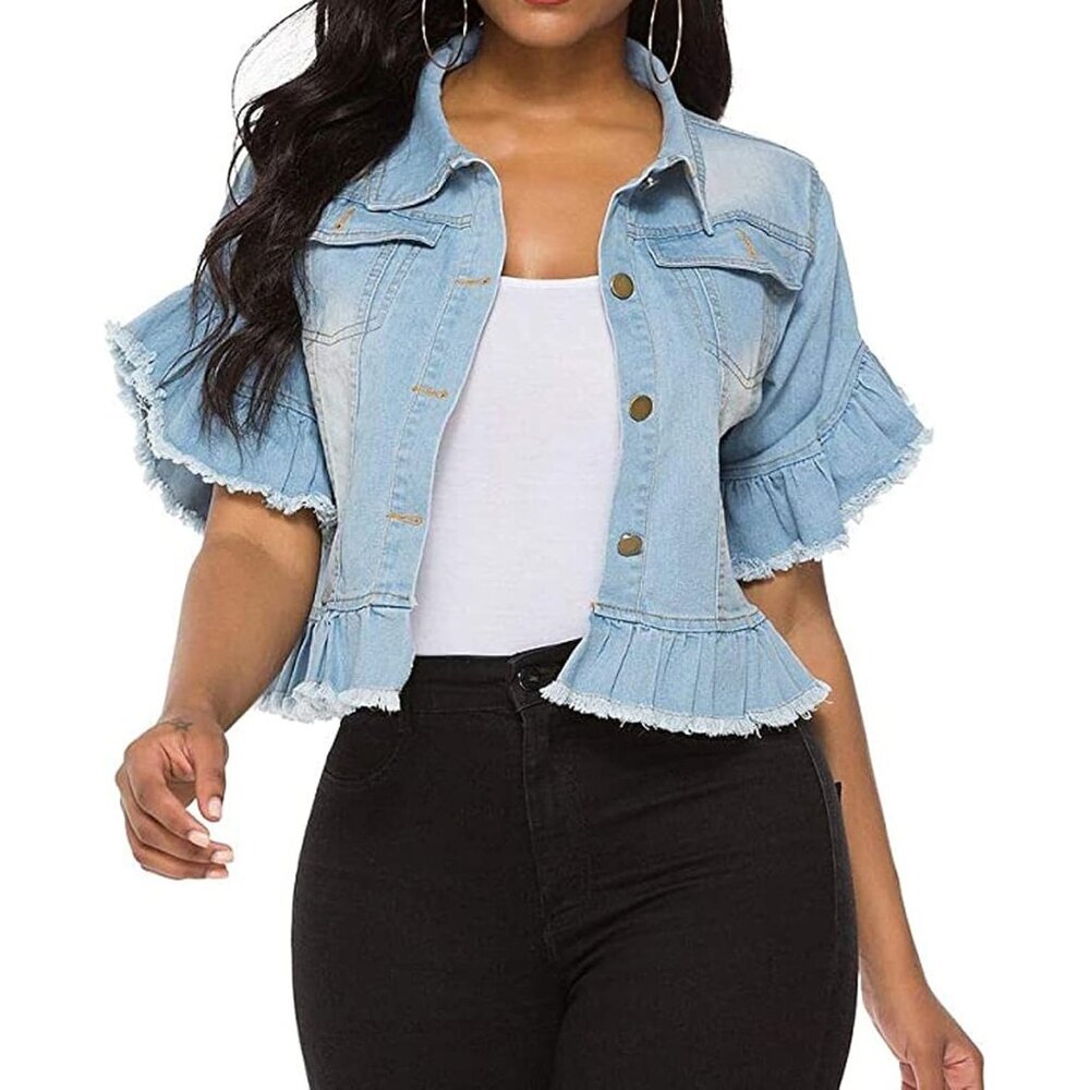 Women's Blue Denim Jacket Button Down Ruffle Sleeve Crop Jean Jackets Coat